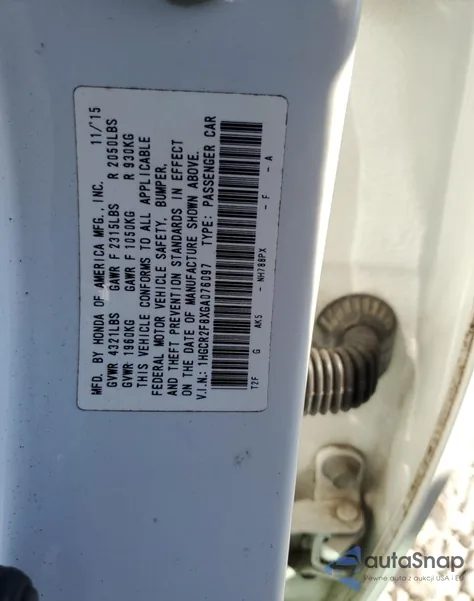 2016 Honda Accord Exl из США, поврежденный, VIN 1HGCR2F8XGA076097